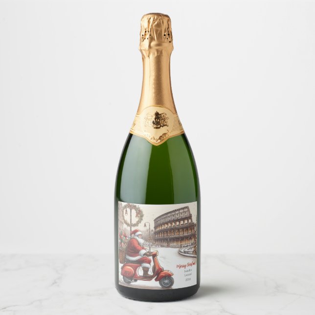 Italy Rome Christmas Watercolor Image Sparkling Wine Label (Front)