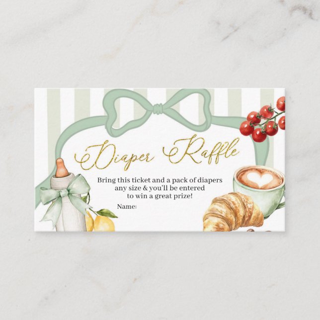 Italy Sage Green Coquette Stripes Diaper Raffle Enclosure Card (Front)