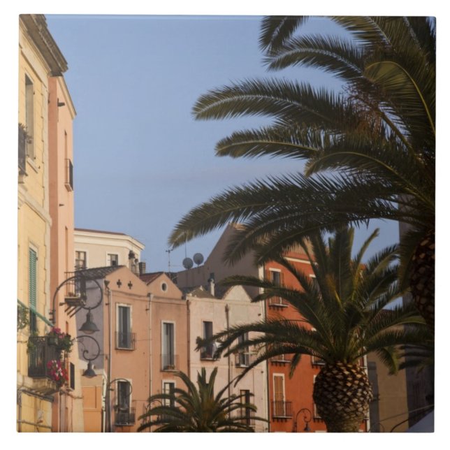 Italy, Sardinia, Cagliari. Buildings and palms Ceramic Tile (Front)