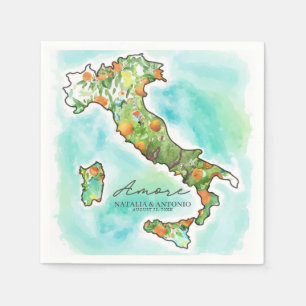 Italy Sea   Amore Watercolor Map Wedding Napkin