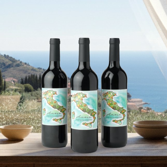 Italy Sea | Amore Watercolor Map Wedding Wine Label (Creator Uploaded)