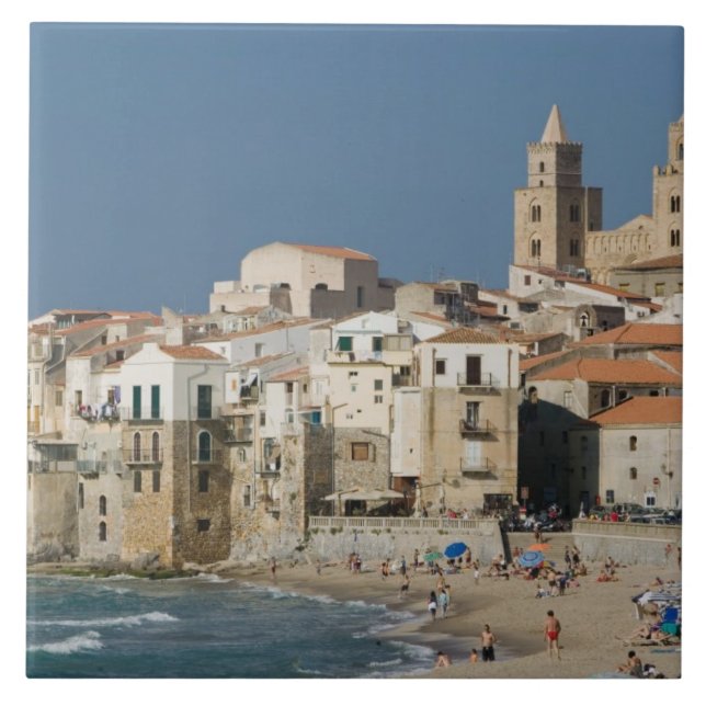 Italy, Sicily, Cefalu, Town View with Duomo from Ceramic Tile (Front)