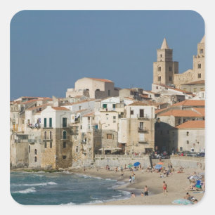 Italy, Sicily, Cefalu, Town View with Duomo from Square Sticker