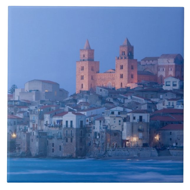 Italy, Sicily, Cefalu, View with Duomo from Ceramic Tile (Front)