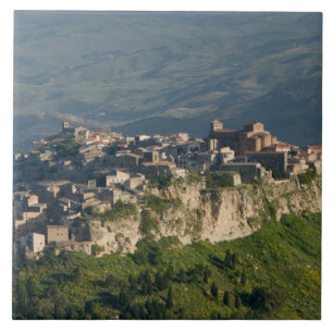 Italy, Sicily, Enna, Calascibetta, Morning View 2 Ceramic Tile