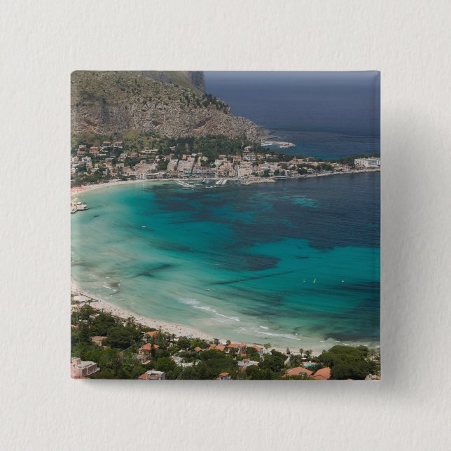 Italy, Sicily, Mondello, View of the beach from 15 Cm Square Badge (Front)