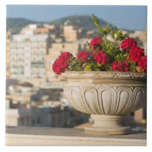 Italy, Sicily, Termini Imerese, View & Flowers Ceramic Tile