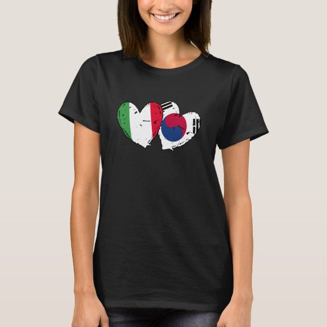 Italy South Korea Heart Flags Italian Korean Dual  T-Shirt (Front)