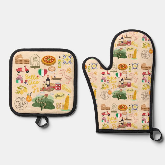 Italy Symbols Oven Mitt & Pot Holder Set (Front)