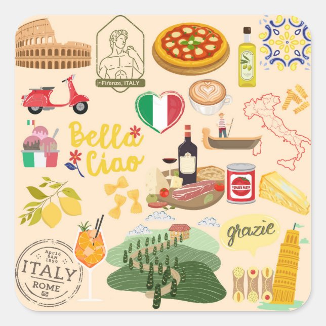 Italy Symbols Travel Lovers Square Sticker (Front)