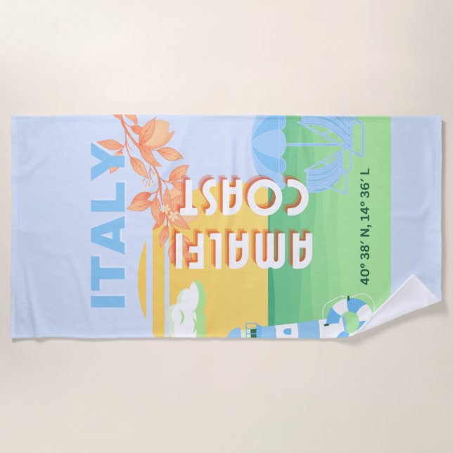 Italy Travel Art, Amalfi Coast, Preppy, Blue Beach Towel (Front)