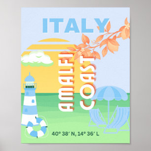 Italy Travel Art, Amalfi Coast, Preppy, Blue Poster