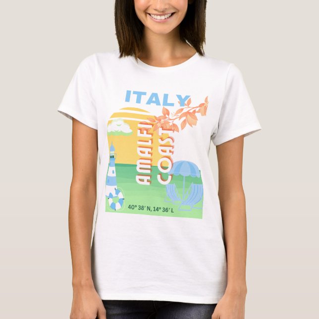 Italy Travel Art, Amalfi Coast, Preppy, Blue T-Shirt (Front)
