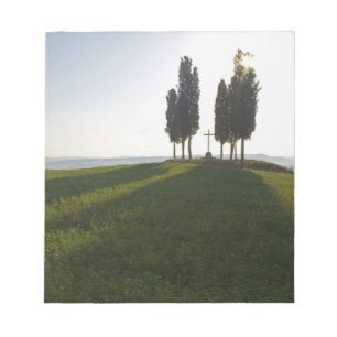 Italy, Tuscany, Cypress Trees in Tuscany with Notepad