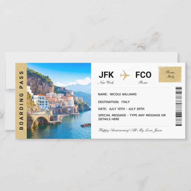  Italy Vacation Travel Gift Ticket Boarding Pass (Front)
