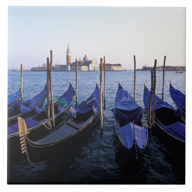 Italy, Veneto, Venice, Row of Gondolas and San Tile (Front)