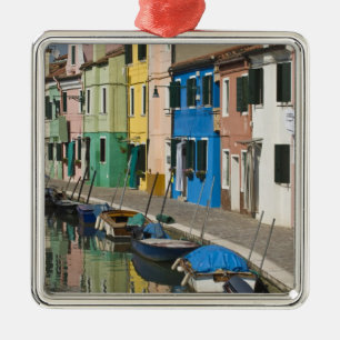 Italy, Venice, Burano. Multicolored houses along 2 Metal Ornament