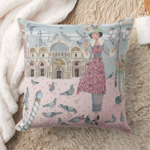Italy Venice travel pink grey pigeons girl drawing Cushion