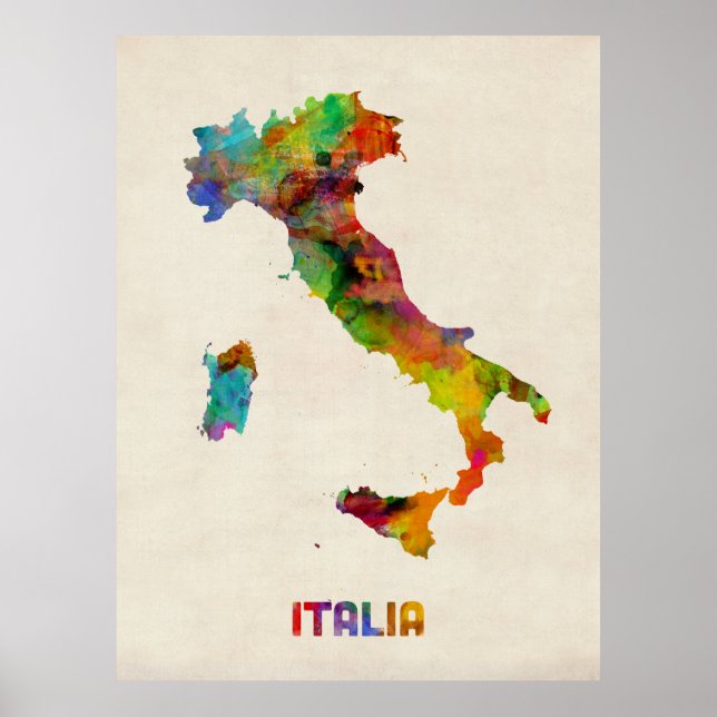 Italy Watercolor Map, Italia Poster (Front)
