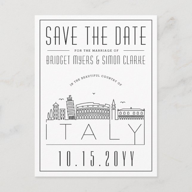 Italy Wedding | Stylised Skyline Save the Date Postcard (Front)