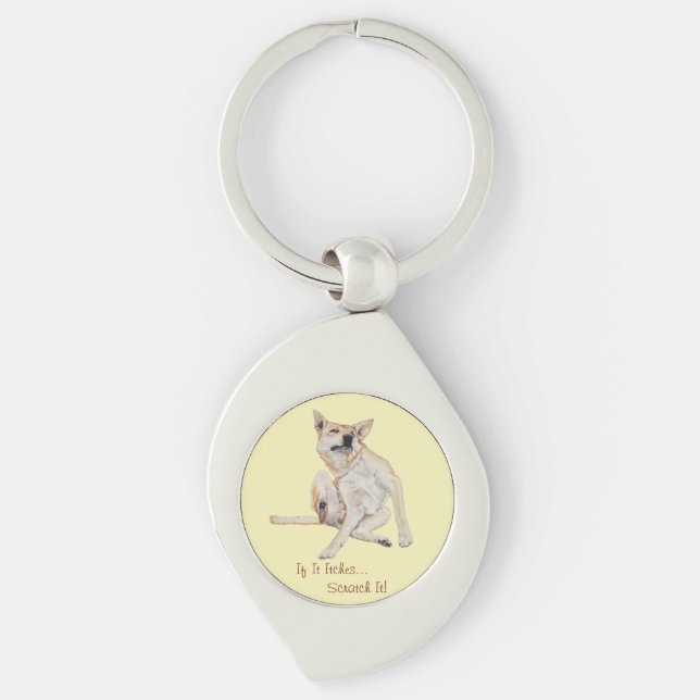 itchy dog scratching painting with funny slogan key ring (Front)