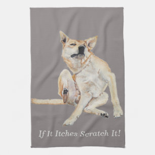 itchy dog scratching painting with funny slogan tea towel