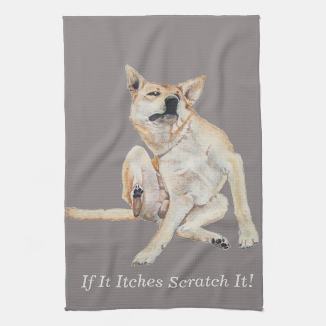 itchy dog scratching painting with funny slogan tea towel (Vertical)