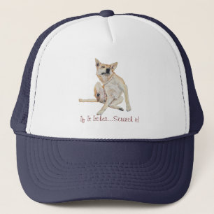 itchy dog scratching picture with funny slogan trucker hat