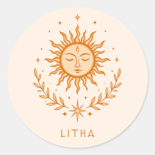 itha Celestial Sun Face Botanical Wreath Art Classic Round Sticker