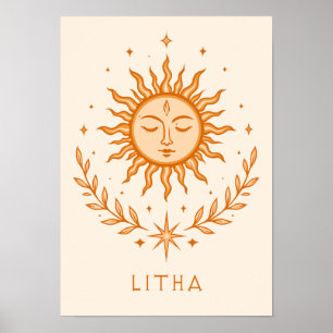itha Celestial Sun Face Botanical Wreath Art Poster
