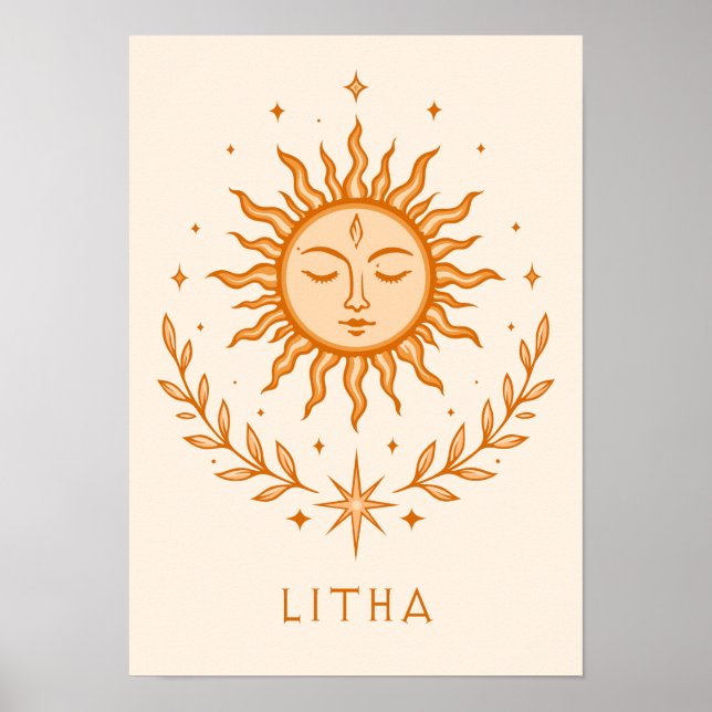 itha Celestial Sun Face Botanical Wreath Art Poster (Front)