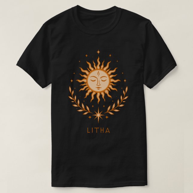 itha Celestial Sun Face Botanical Wreath Art T-Shirt (Design Front)