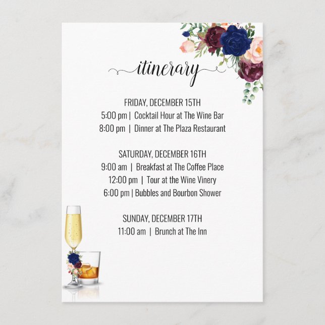 Itinerary Navy flowers Bubble and Bourbon Enclosure Card (Front)