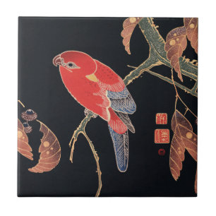 Ito Jakuchu Red Parrot on the Branch Japanese Art Ceramic Tile