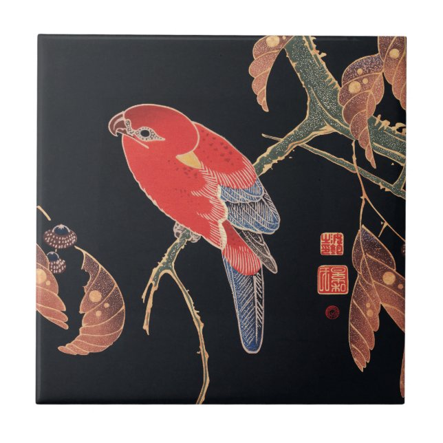 Ito Jakuchu Red Parrot on the Branch Japanese Art Ceramic Tile (Front)