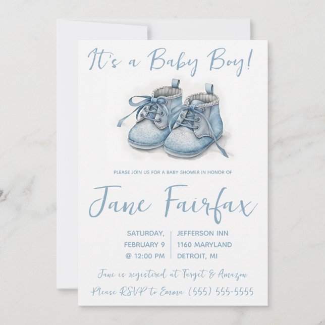 It's a Baby Boy!  Blue Baby Shoes Baby Shower Invitation (Front)