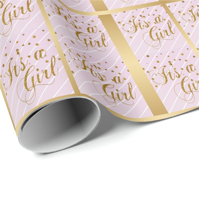 It's a Baby Girl - Pink and Gold Confetti Dots Wrapping Paper (Roll Corner)