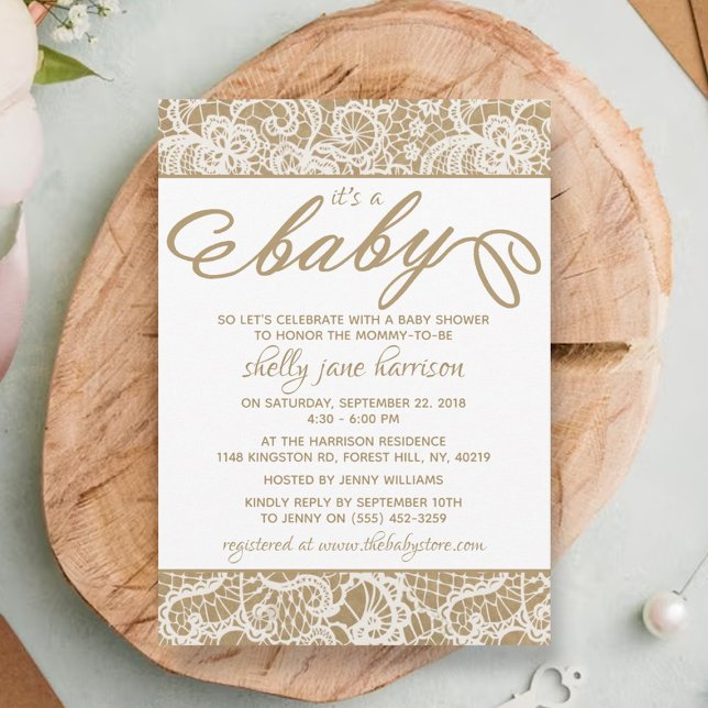 It's a Baby! Rustic Kraft & White Lace Baby Shower Invitation (Creator Uploaded)