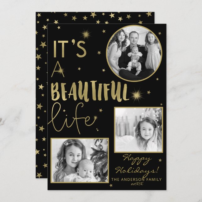 It's A Beautiful Life Black Gold Stars Holiday Invitation (Front/Back)