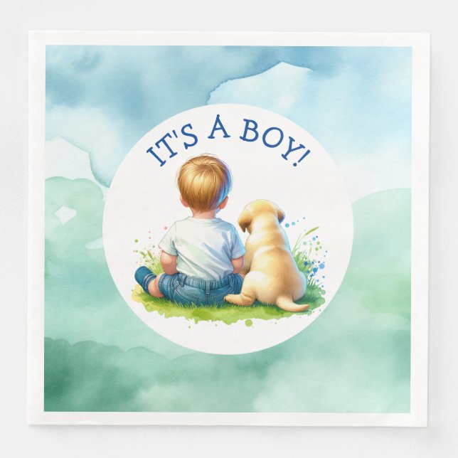It's a Boy | A Baby and his Dog Baby Shower Napkin (Front)