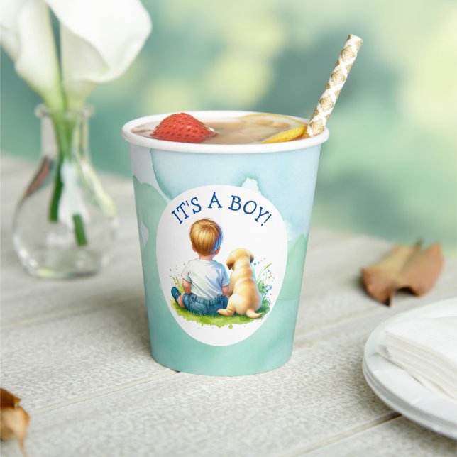 It's a Boy | A Baby and his Dog Baby Shower Paper Cups (Insitu)
