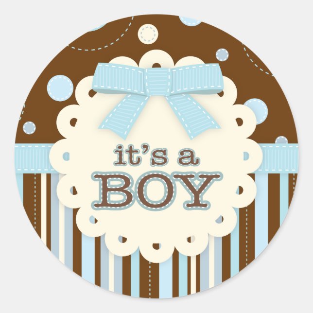 It's a Boy All in Blue Stitches & Bow Baby Shower Classic Round Sticker (Front)