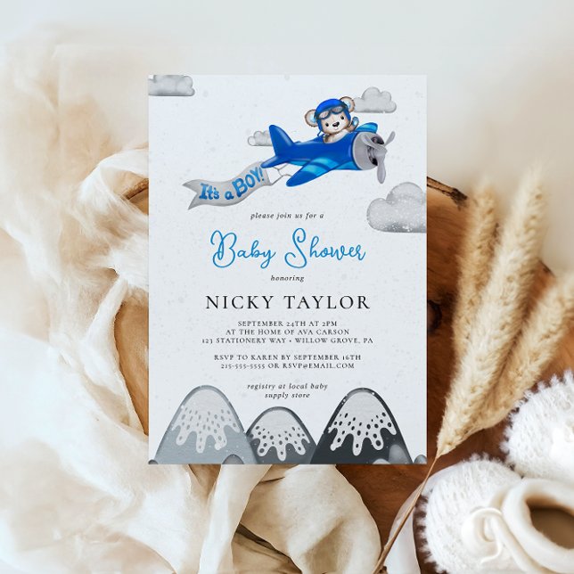 Its a Boy Aviator Bear Plane Winter Baby Shower Invitation (Creator Uploaded)