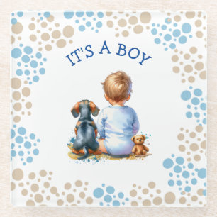 It's a Boy Baby and Dachshund Puppy Baby Shower Glass Coaster