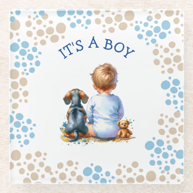 It's a Boy | Baby and Dachshund Puppy Baby Shower Glass Coaster (Front)