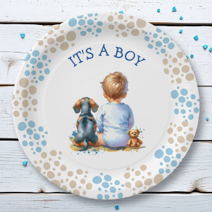 It's a Boy   Baby and Dachshund Puppy Baby Shower Paper Plate