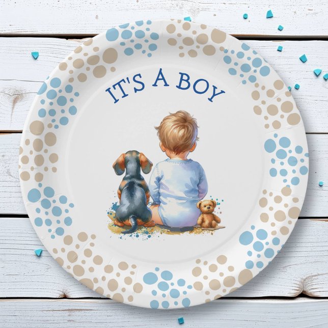 It's a Boy | Baby and Dachshund Puppy Baby Shower Paper Plate (Creator Uploaded)