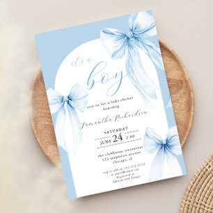 It's a Boy baby dusty blue coquette bows elegant Invitation