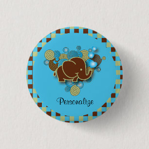 It's A Boy   Baby Elephant   Blue & Brown Plaid 3 Cm Round Badge