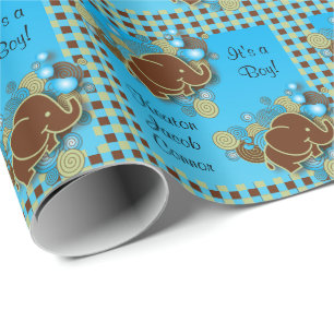 It's A Boy   Baby Elephant   Blue & Brown Plaid Wrapping Paper